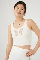 Women's Ribbed Knit Butterfly Tank Top in Cream Medium