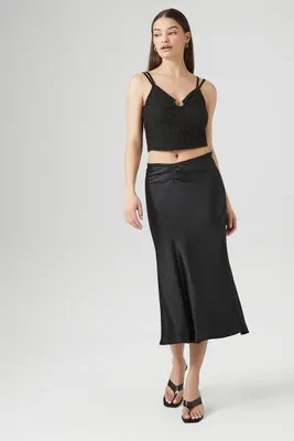 Women's Picot-Trim Satin Midi Skirt in Black Medium
