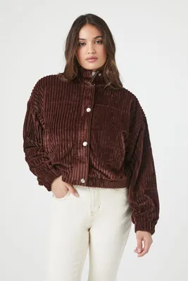 Women's Ribbed Cropped Bomber Jacket in Chocolate, XL