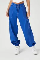 Women's Drawstring Poplin Cargo Joggers in Blue Large