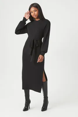 Women's Tie-Front Midi Sweater Dress in Black Small