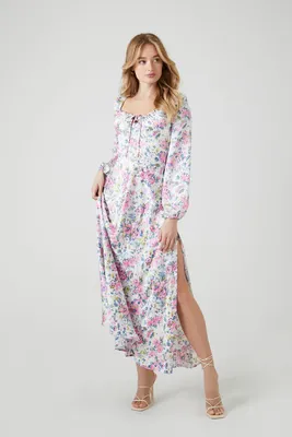 Women's Satin Floral Print Midi Dress in White/Pink Large