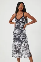 Women's Floral Lace-Trim Midi Dress in Black/White, XL