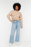 Women's Striped Mock Neck Cropped Sweater in Khaki/Peony, 0X