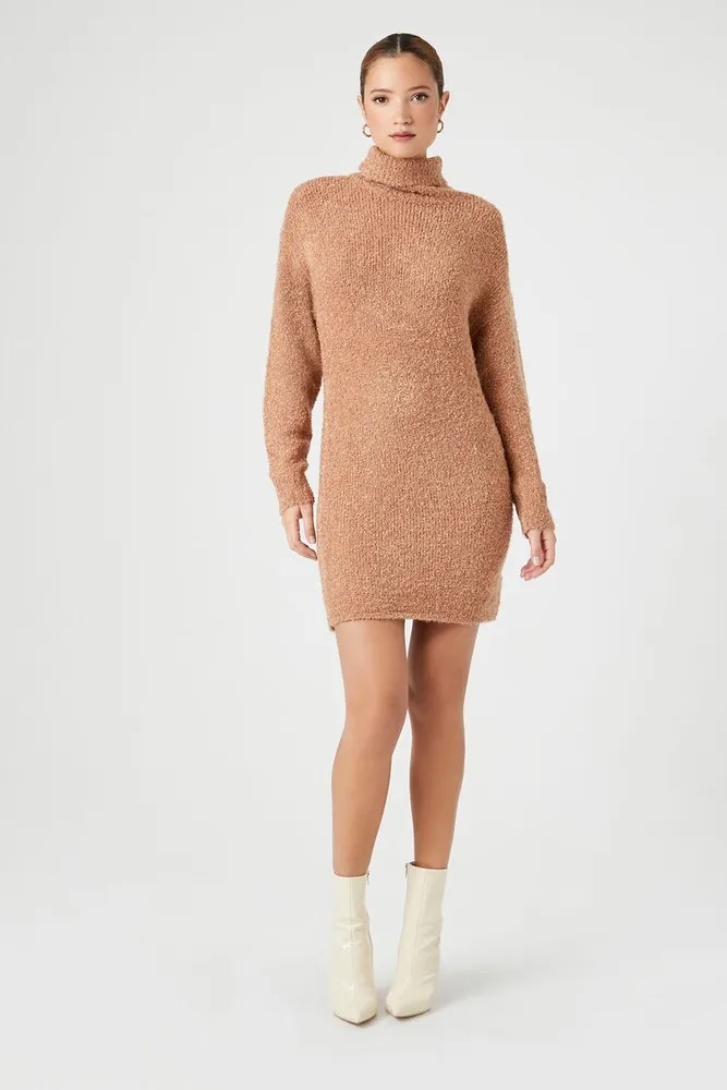 Women's Turtleneck Mini Sweater Dress in Carob, XXL