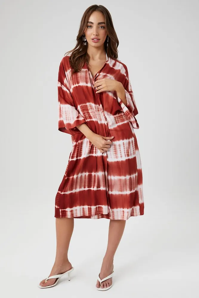 Women's Tie-Dye Striped Kimono in Rust/White Small