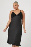 Women's Satin Sequin Midi Slip Dress in Black, 2X