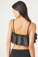 Women's Satin Ruffle Cropped Cami in Black, XL