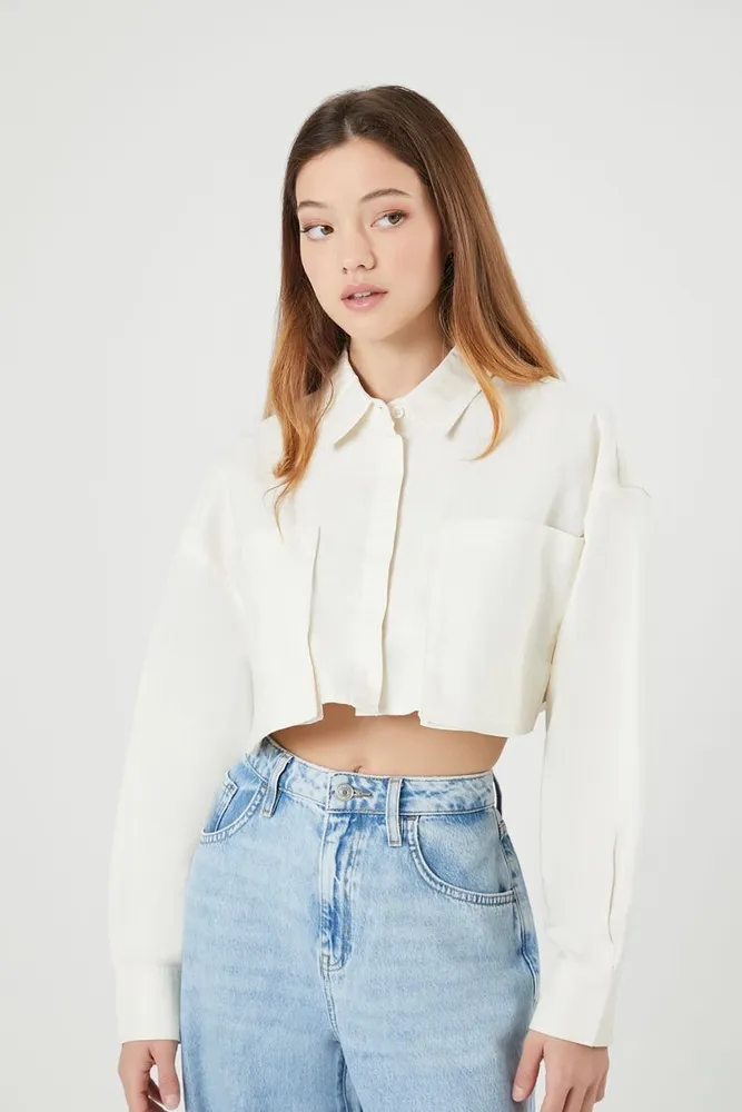 Women's Twill Cropped Pocket Shirt in Vanilla Large