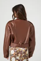 Women's Belted Faux Leather Moto Jacket in Brown Large