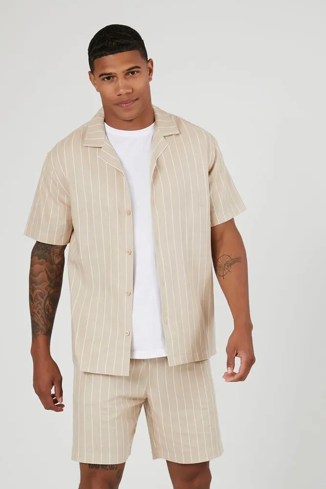 Men Pinstriped Drawstring Shorts in Taupe/Cream, XL