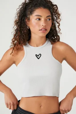 Women's Cropped Heart Graphic Tank Top in Grey/Black Large