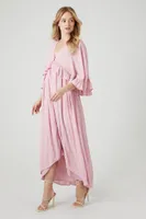 Women's Butterfly-Sleeve Flounce Maxi Dress in Pink Small