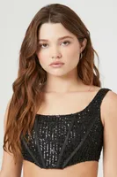 Women's Sequin Corset Crop Top in Black Large