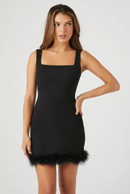 Women's Ponte Knit Faux-Fur Trim Mini Dress in Black, XS