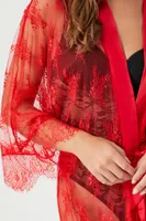 Women's Sheer Lace Lingerie Robe in Fiery Red Small