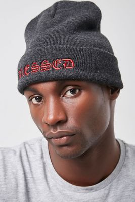 Men Embroidered Blessed Beanie in Charcoal/Red