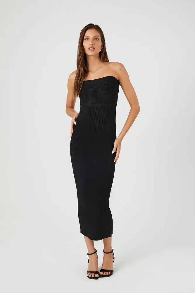 Forever 21 Women's Compact Ribbed Knit Midi Tube Dress in Black