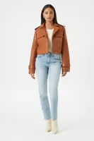 Women's Cropped Faux Leather Jacket in Brown Small