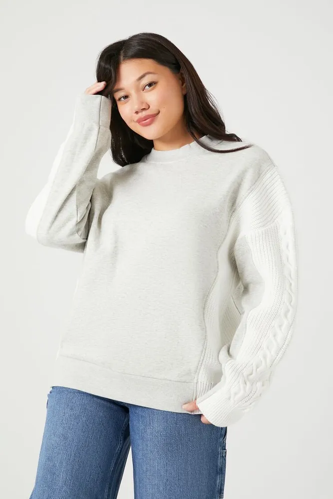 Women's Colorblock Cable Knit-Sleeve Pullover in Heather Grey Medium