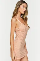 Women's Sheer Lace Lingerie Slip in Apricot Small