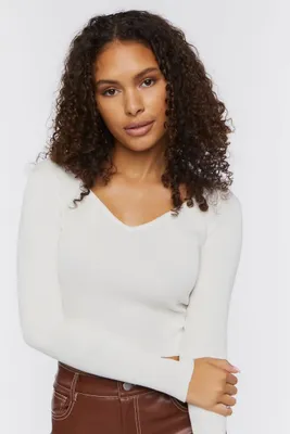 Women's Ribbed Cropped Fitted Sweater in Vanilla Medium