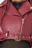 Women's Cropped Faux Leather Moto Jacket in Burgundy, XL