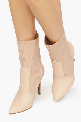 Women's Faux Leather-Trim Sock Booties in Nude, 7