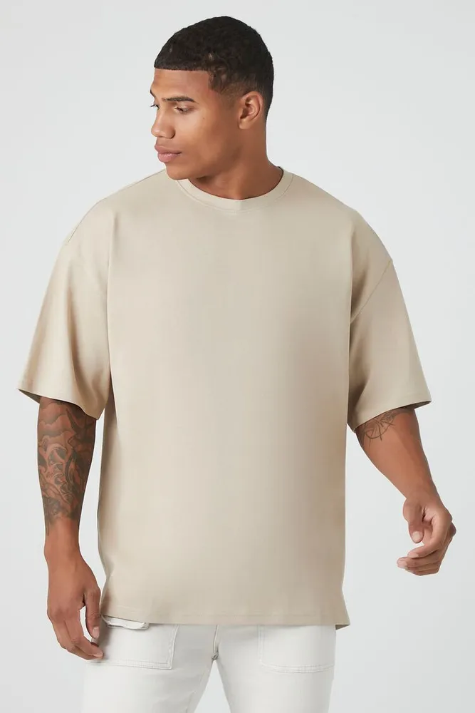 Men Cotton Crew High-Low Hem T-Shirt in Taupe, XXL