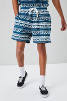 Men Ornate Wave Print Shorts in Dark Blue/White, XL