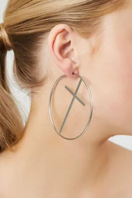 Women's Cross Hoop Earrings in Silver