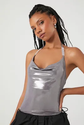 Women's Rhinestone Metallic Halter Bodysuit in Silver Small