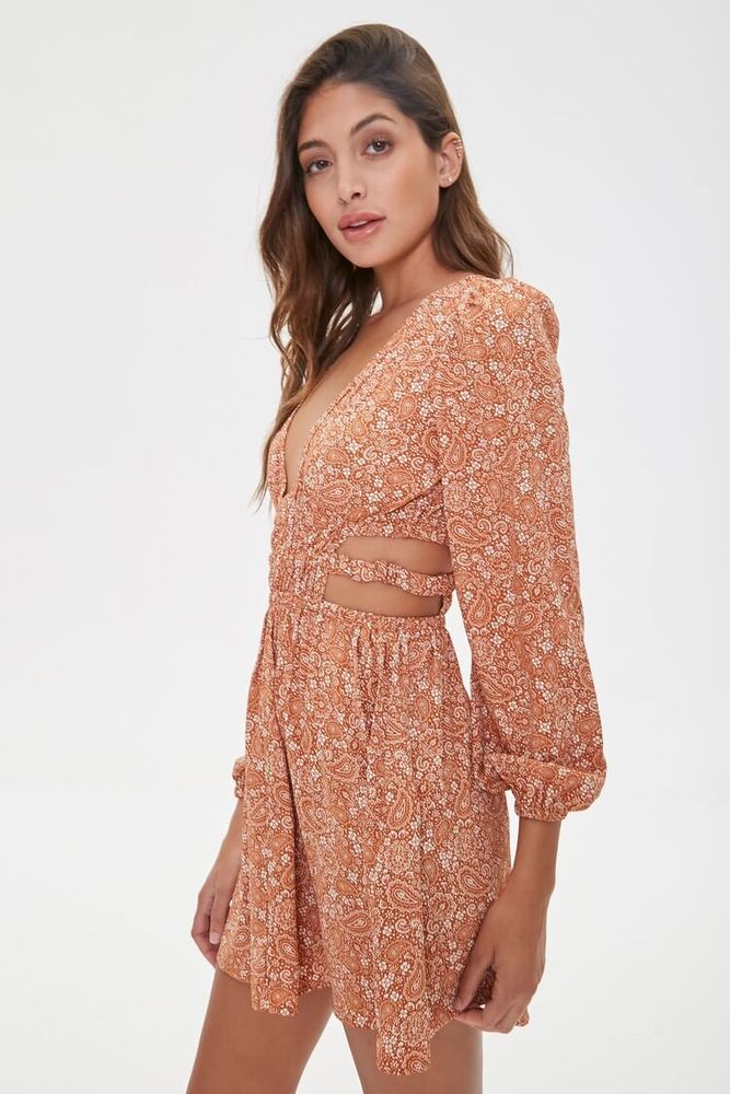 Women's Paisley Print Mini Dress in Amber/Cream Large