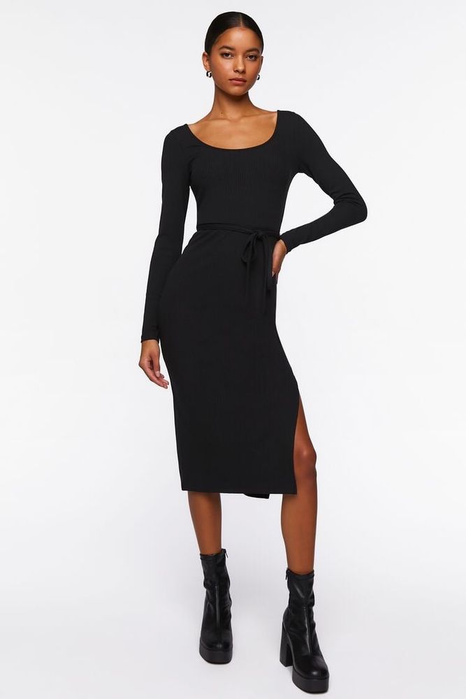 Women's Tie-Waist Slit Midi Dress Black,