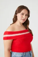 Women's Sweater-Knit Off-the-Shoulder Top in Red/Vanilla, 3X