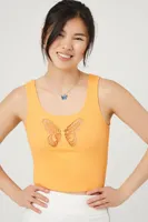 Women's Ribbed Knit Butterfly Tank Top in Orange Medium