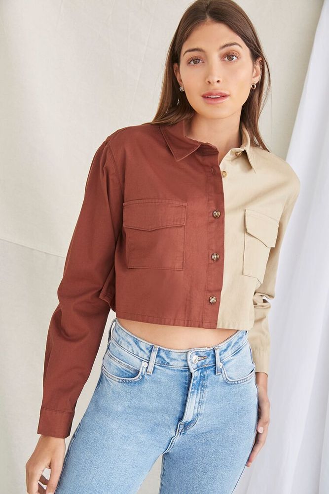 Women's Twill Colorblock Top in Brown/Taupe Large