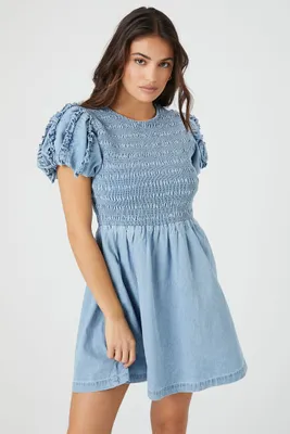 Women's Denim Puff-Sleeve Babydoll Mini Dress in Light Denim, XL