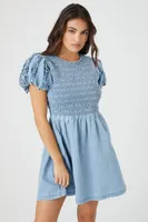 Women's Denim Puff-Sleeve Babydoll Mini Dress in Light Denim, XS