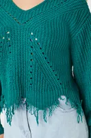 Women's Distressed Sharkbite Cutout Sweater in Green Medium