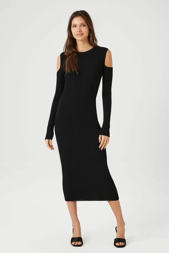 Women's Open-Shoulder Midi Sweater Dress in Black Large