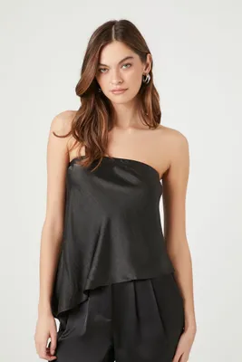 Women's Satin Asymmetrical Strapless Top in Black, XS