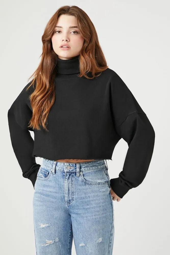 Women's Cropped Turtleneck Pullover in Black Medium