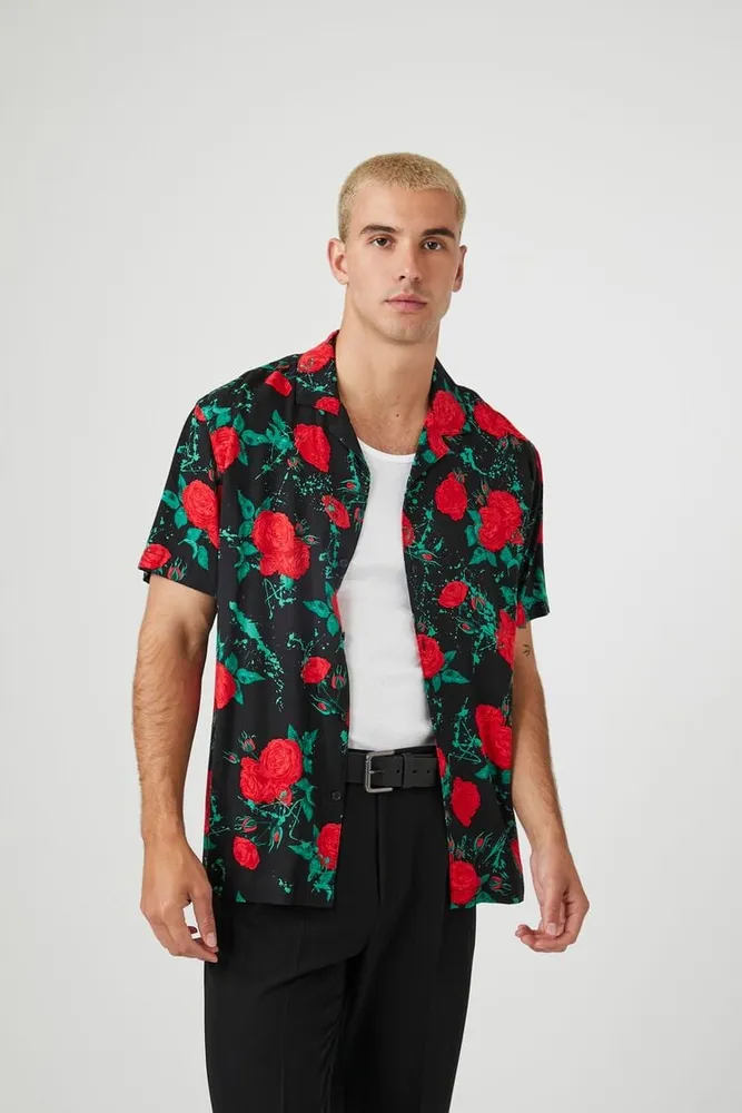 Men Rayon Rose Print Shirt in Black Large