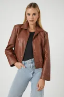 Women's Faux Leather Bomber Jacket in Dark Brown, XL