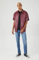 Men Faux Leather Short-Sleeve Shirt in Burgundy Medium