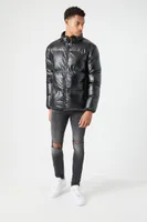 Men Zip-Up Puffer Jacket in Black Large