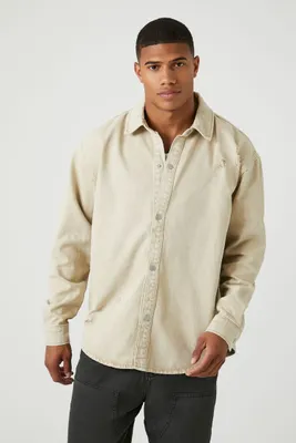 Men Distressed Mineral Wash Shirt in Taupe, XL