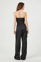 Women's Satin Strapless Cargo Jumpsuit in Black, XS