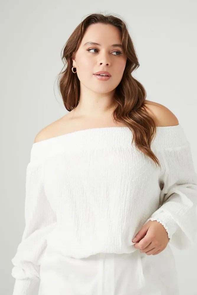 Women's Gauze Off-the-Shoulder Top in White, 3X